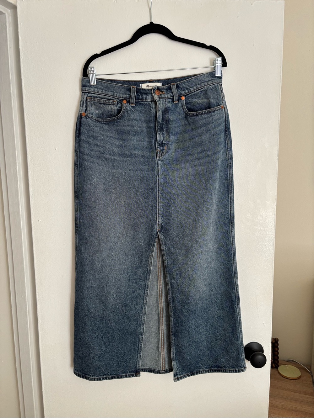 Madewell Midwash Blue Denim Straight-Leg Skirt with Front Slit